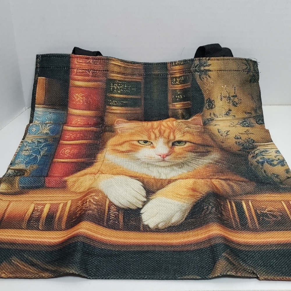 Orange Cat Print Tote Bag with Bookcase Artwork